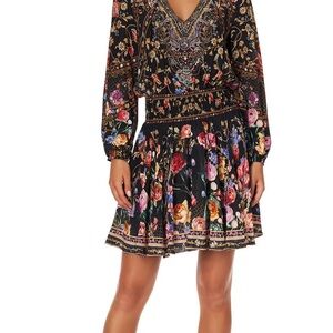 Camilla Black Floral V-Neck Smocked Waist Mini Dress